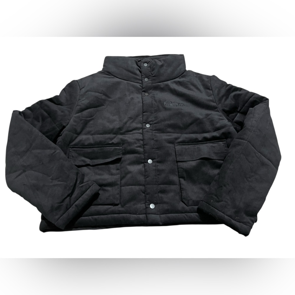Civil Regime men’s Black corduroy Jacket size large stand mock collar snap front